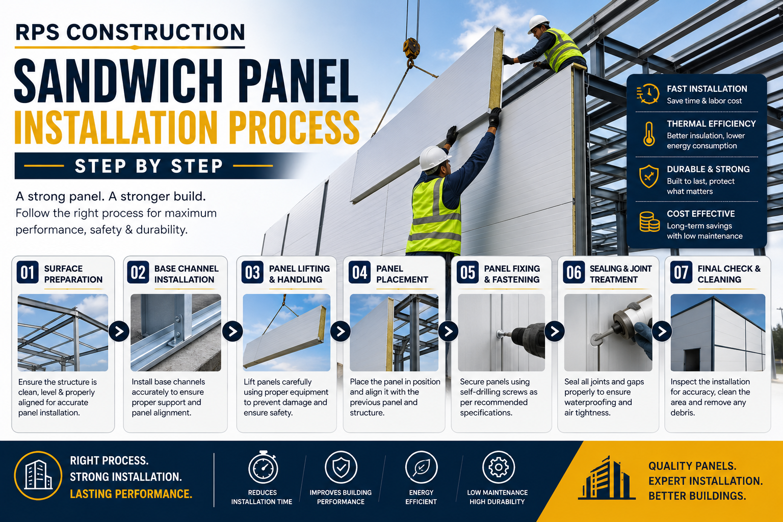 Workers installing Sandwich Panel on a building